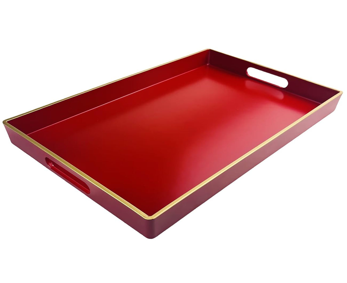 Umisriro Red Decorative Tray, Rectangular Serving Tray with Handles, Plastic Coffee Table Tray for Ottoman, Living Room, Kitchen Tabletop, 15.6” x 10.2” x1.37”