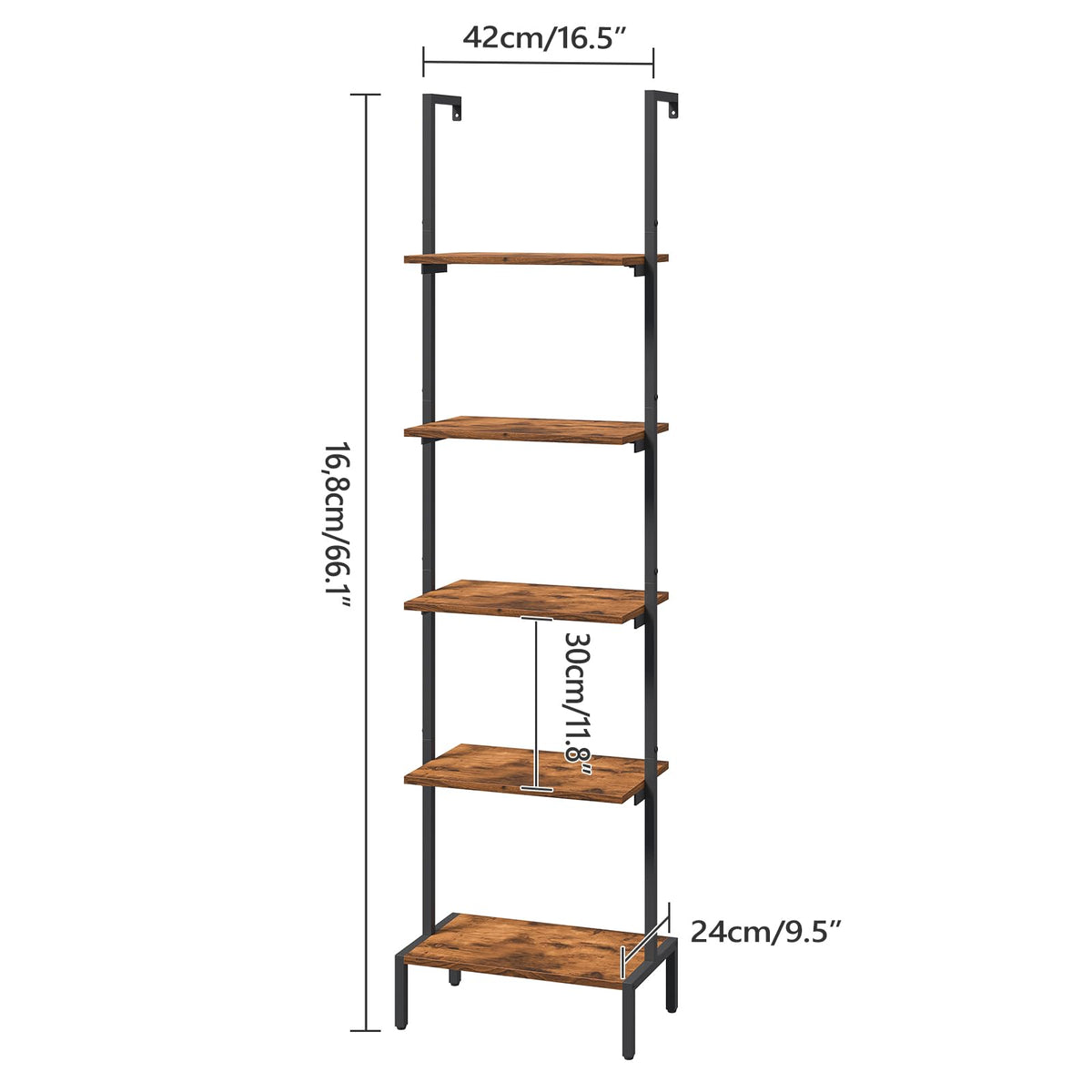 MAHANCRIS Ladder Shelf, 5-Tier Bookshelf, Ladder Bookcase with Wall Mount, Heavy Duty Industrial Style Storage Rack for Living Room, Office, Kitchen, Bedroom, Rustic Brown and Black LSHR5501