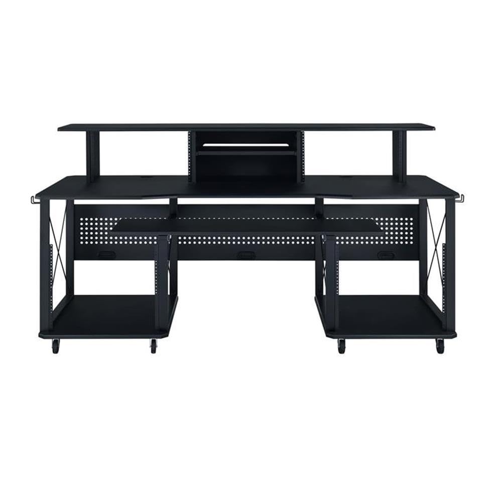 BOWERY HILL Music Desk, 72" L x 30" W x 40" H, Metal and MDF with Black Finish, Shelves and Compartments, Pull-Out Keyboard Tray, Cord Management, Multi-Function Desk for Home Studio or Office Use
