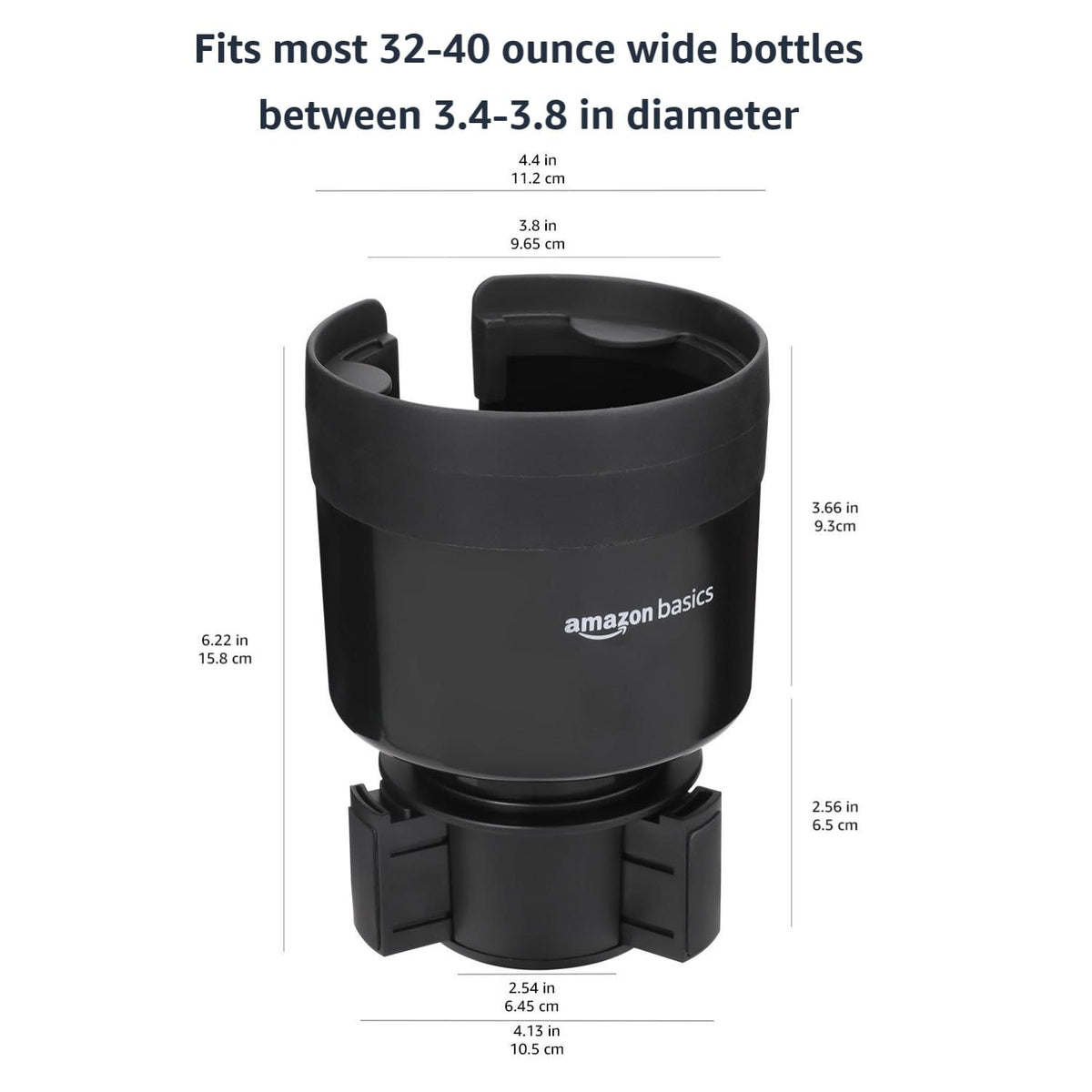 Amazon Basics Car Cup Holder Expander with Adjustable Base, Fits Large Bottles 3.4 to 3.8 in Diameter, Securely Holds Yeti, Hydro Flask and More, Black