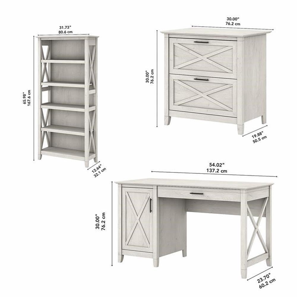 Bush Furniture Key West 54W Computer Desk with 2 Drawer Lateral File Cabinet and 5 Shelf Bookcase in Linen White Oak