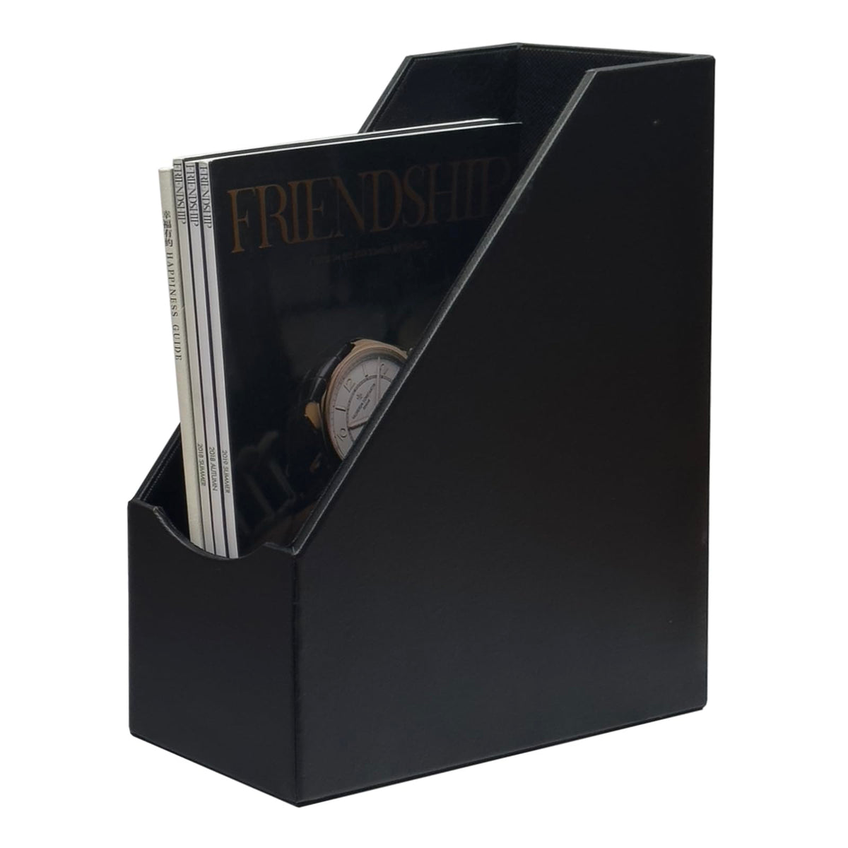 UnionBasic Magazine File Holder, Leatherette Desktop Document Organizer, Home Office Paper Holder File Storage Literature Sorter, Black