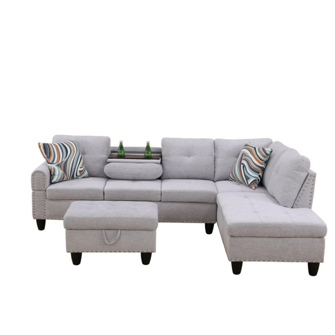 UOCFYK L-Shaped 3-Piece Flannel Sofa with Ottoman, Sectional Couch Set for Living Room, Office, Apartment, with Cup Holder, Grey White