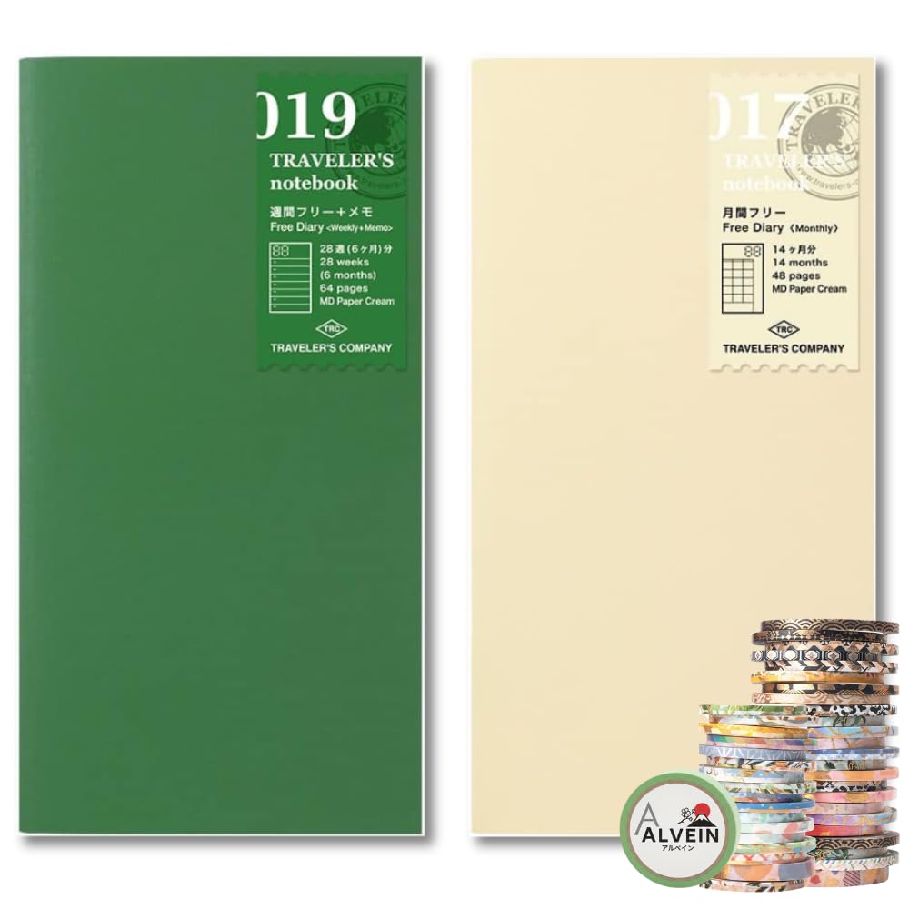 Traveler's Notebook Refill Set – 017 Monthly + 019 Weekly Memo + Bonus Random Washi Tape (3 Roll) – Undated Planner Inserts, Journal Gift Idea