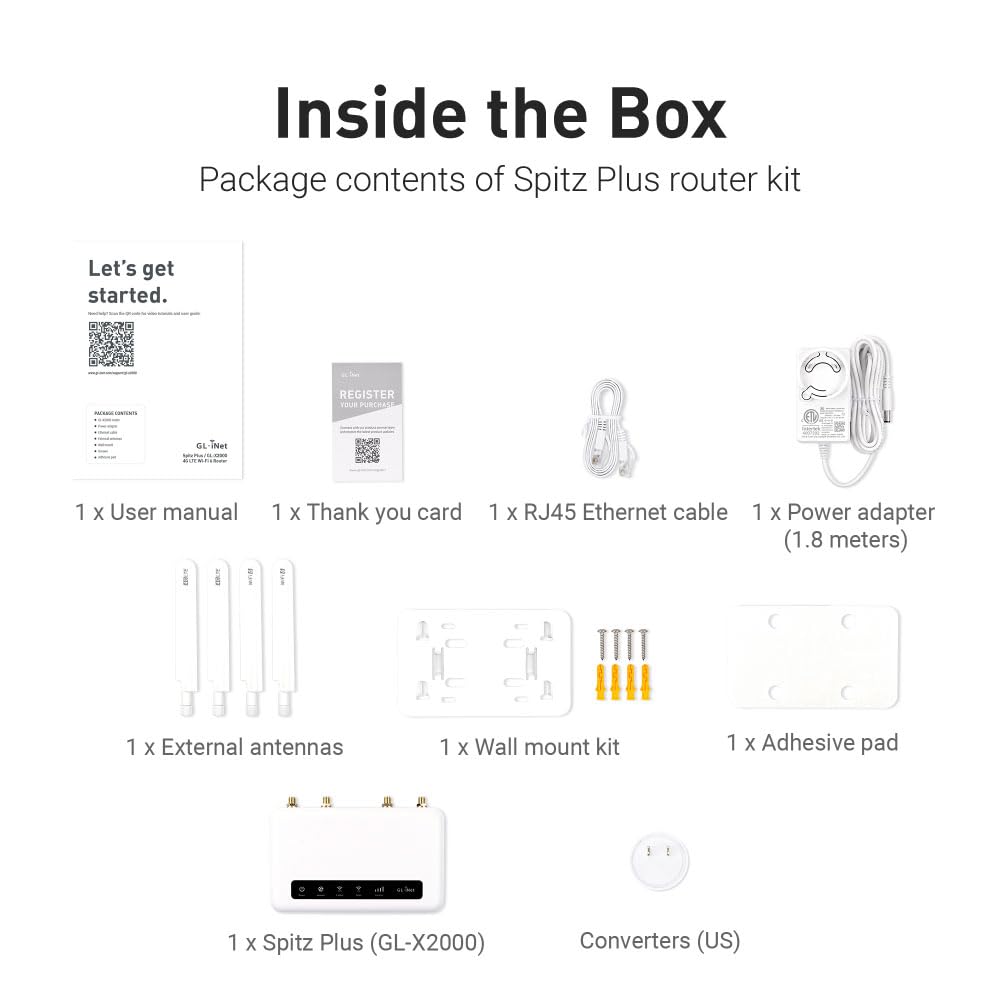 GL-X2000(Spitz Plus) Cellular Gateway 4G LTE Router for Home, RV, Road trips, Offices, CAT 12, Wifi 6 Router, Detachable Antennas, Dual-SIM, T-Mobile & AT&T IoT Certified, OpenVPN, WireGuard (NA Only)