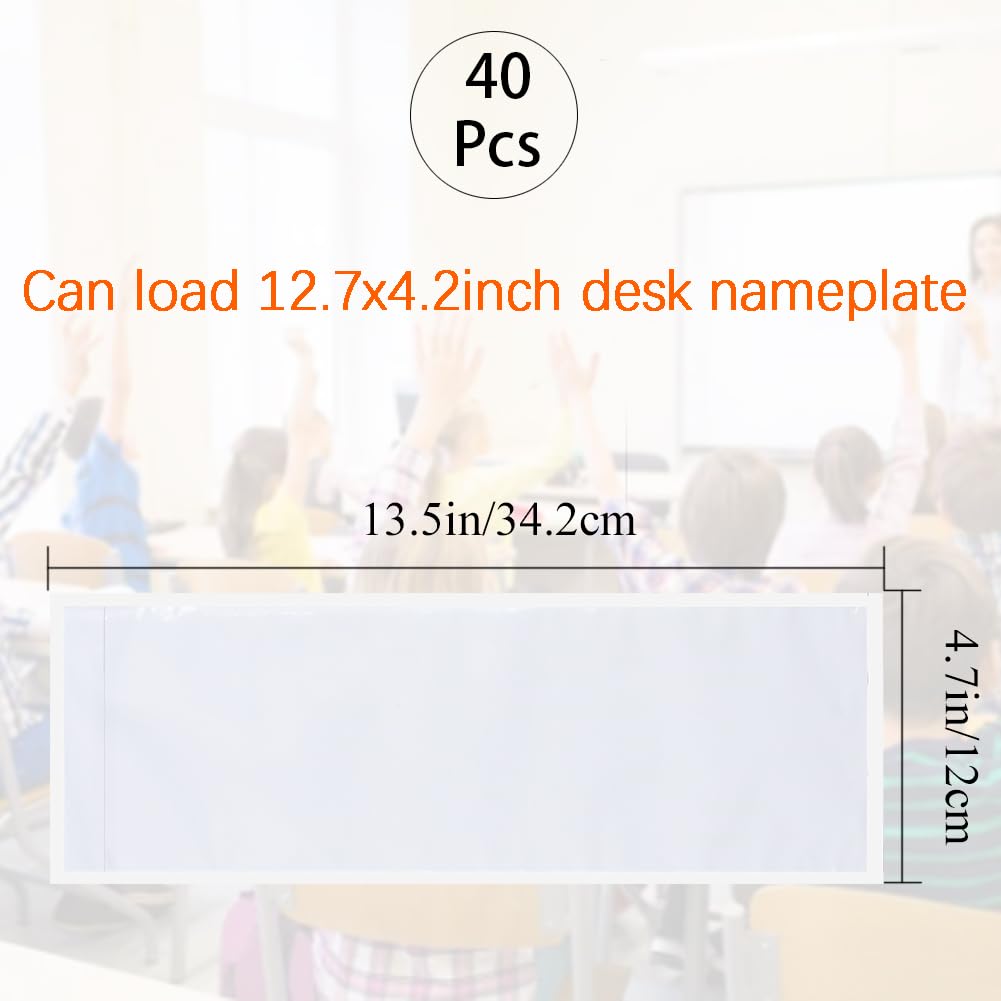 40 PCS Nameplate Pocket,13.5 x 4.7 Inch Adhesive Desk Nameplates Name Tag Pocket Clear Desk Name Tag Sleeves for Classroom (Thickness:7 mils)