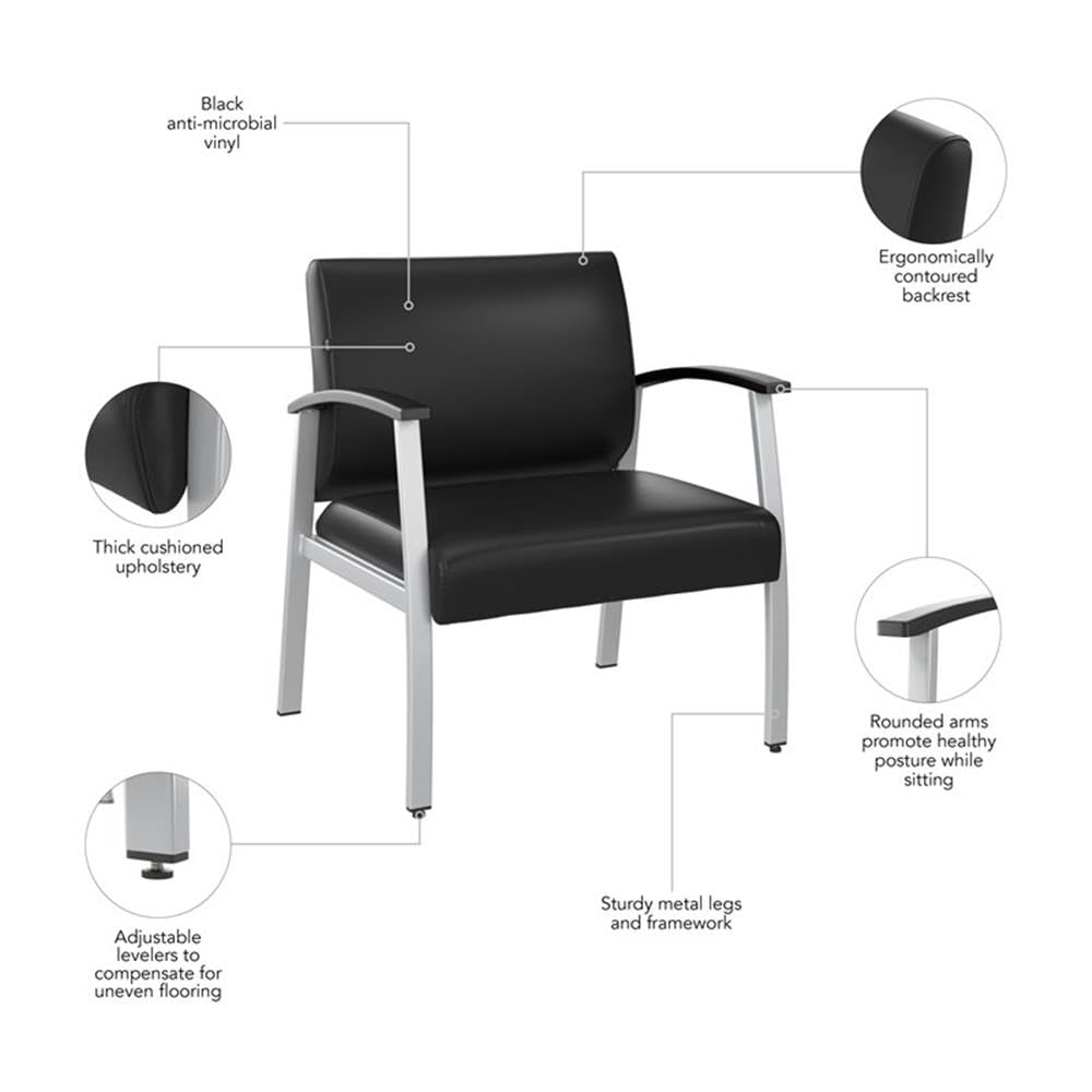 Bush Business Furniture Arrive Bariatric Waiting Room Guest Chair with Arms in Black Vinyl, Reception Area Seating for Office and Lobby