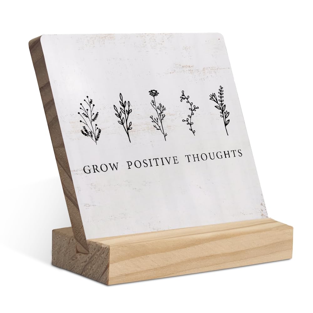 EIONEY Boho Neutral Botanical Desk Decor Wood Plaque with Wooden Stand,Grow Positive Thoughts Mental Health Therapy Office Desk Accessories,School Counseling Office Must Haves,Shelf Decor Aesthetic