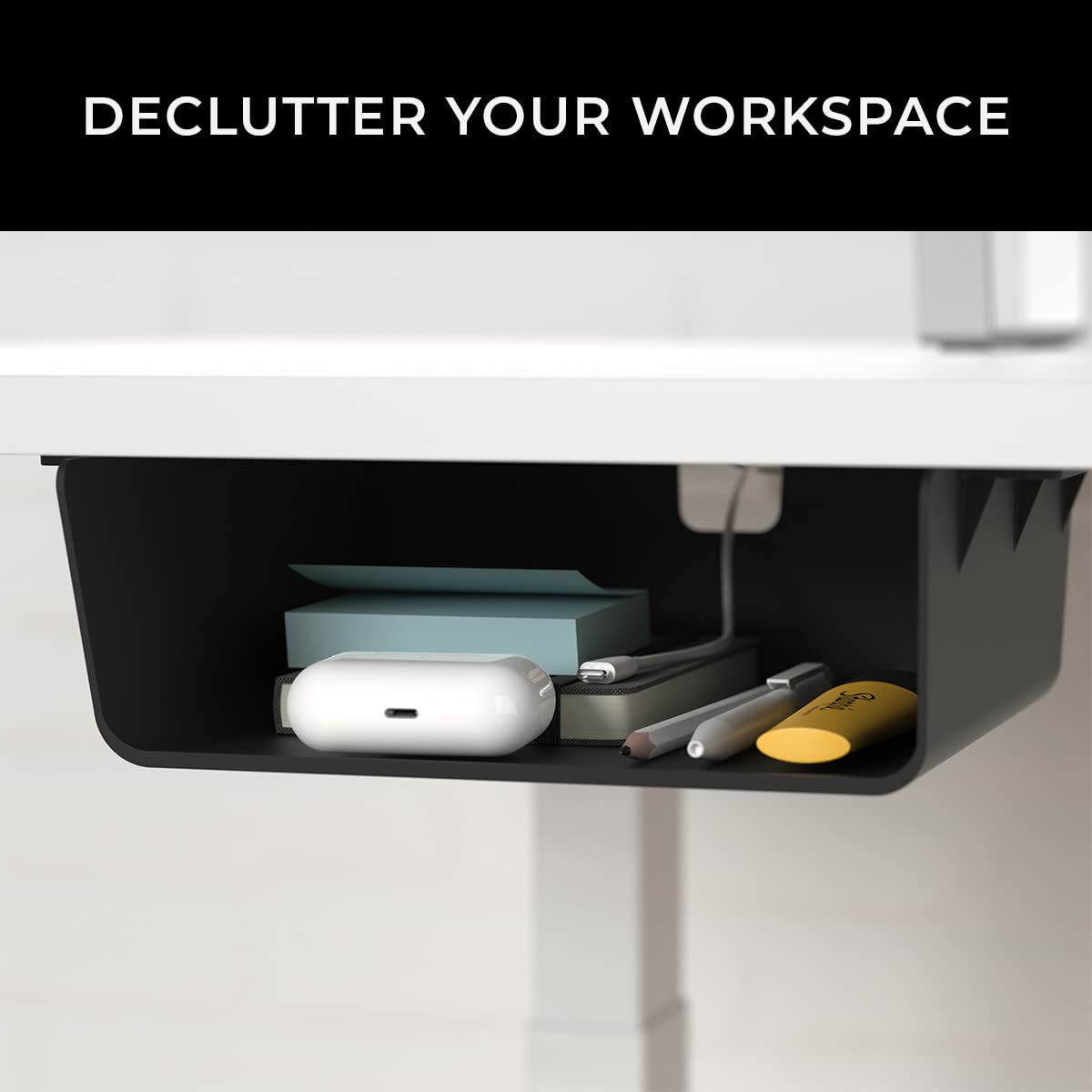 HumanCentric Under Desk Storage Shelf, Drawer Organizer for Office, Workstations, Tables, Sit Stand Desks, Gaming Setups, Mountable Storage Tray, Cable Management, Screw or Stick On with VHB Tape