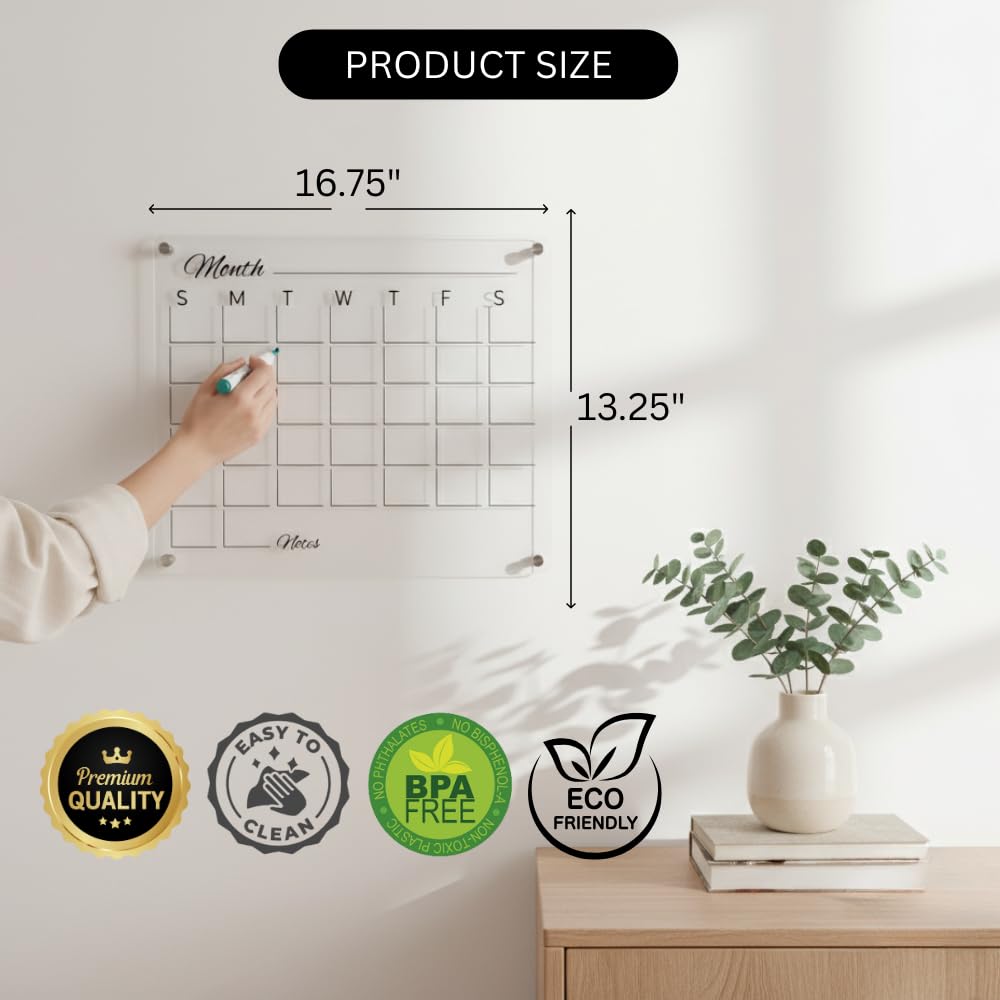 Premium Acrylic Calendar for Wall (16.75” x 13.25”) Clear Calendar & Family Reusable Planner with Vibrant Markers, Acrylic Dry Erase Board for Wall, Home, Office, or Family Command Center