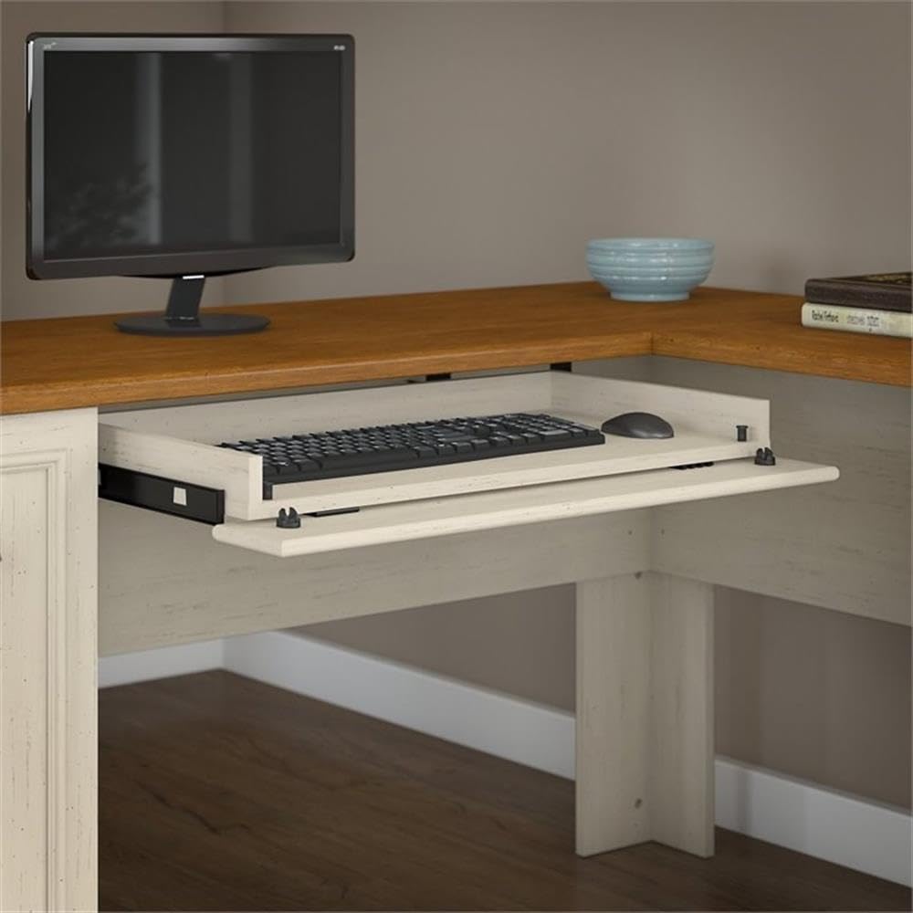 Bush Home Fairview 60W L Shaped Desk with Hutch, File Cabinet, Bookcase and Storage in Antique White and Tea Maple