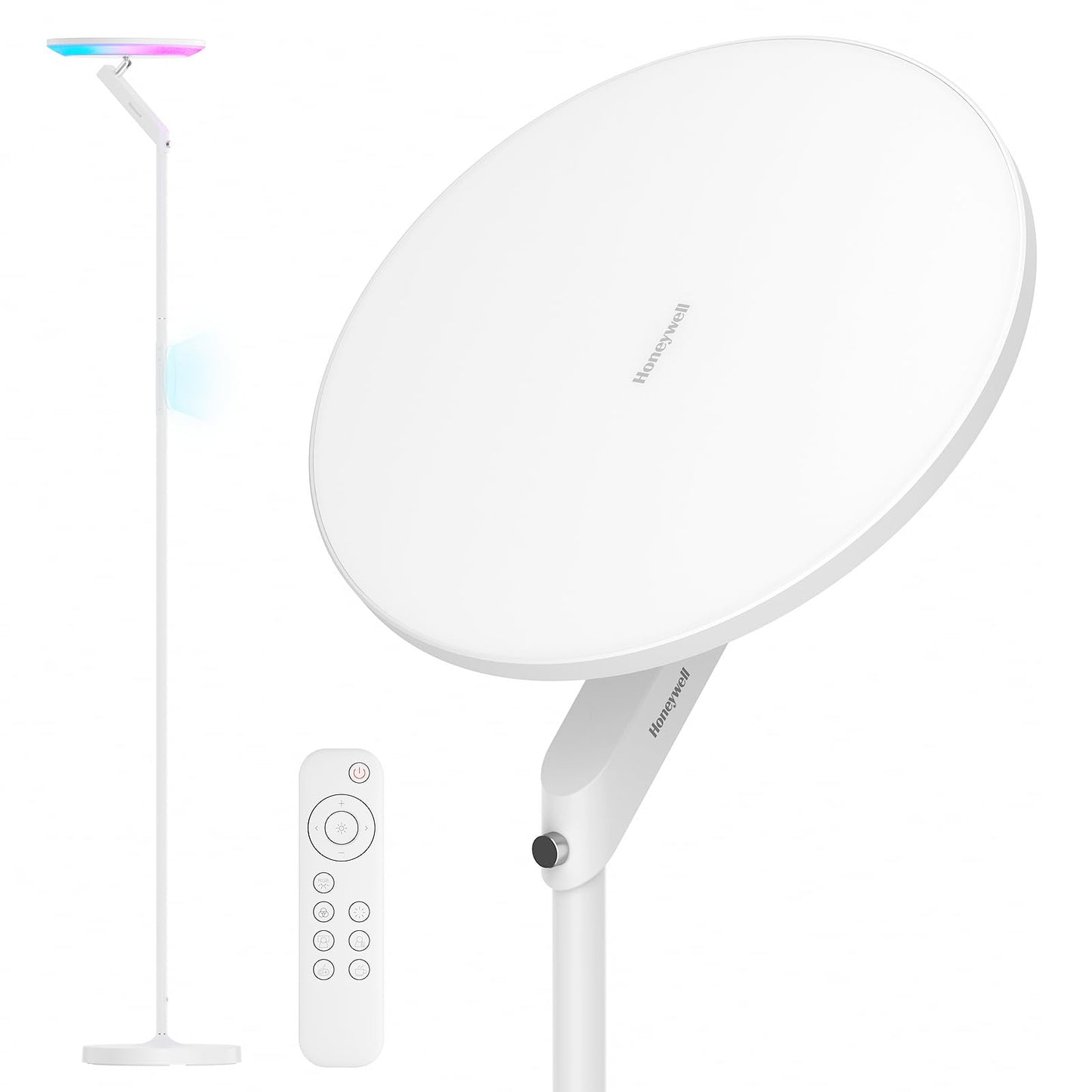 Honeywell 3000LM LED Floor Lamp, Torchiere Floor Lamps with Remote Control, F2 Sunturalux™ 40W Eye-Caring Reading Light, 2700-5000K 6 RGB Modes RGB Standing Lamp for Bedroom Living Room Office White