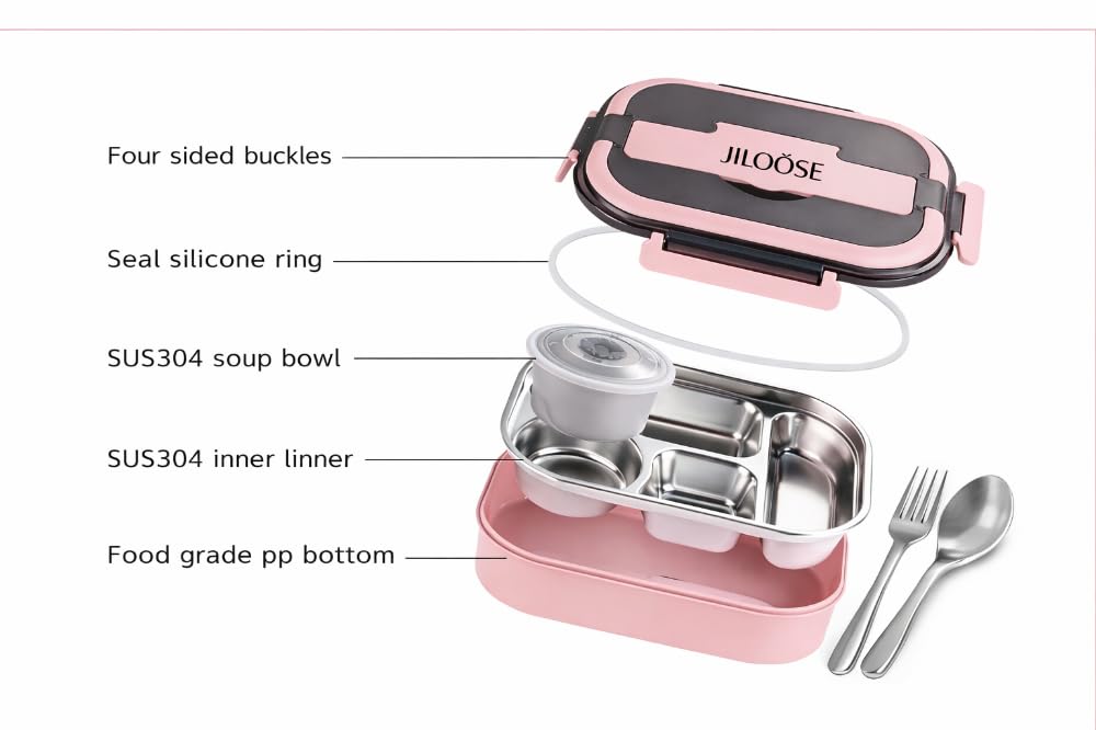 JILOOSE Stainless Steel Bento Box, Leak-Proof, BPA-Free, Dishwasher Safe, 4 Compartments Container School & Travel, Bento Lunch Box for Kids and Adults