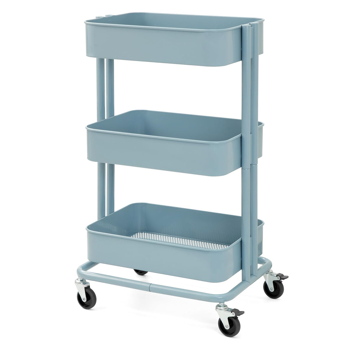 CARTTECH 3 Tier Rolling Cart Metal Heavy Duty Utility Cart with Silent Caster Lockable Wheels Multi-Functional Organization Carts Storage Trolley with Mesh Shelves for Office Kitchen Living Room Blue