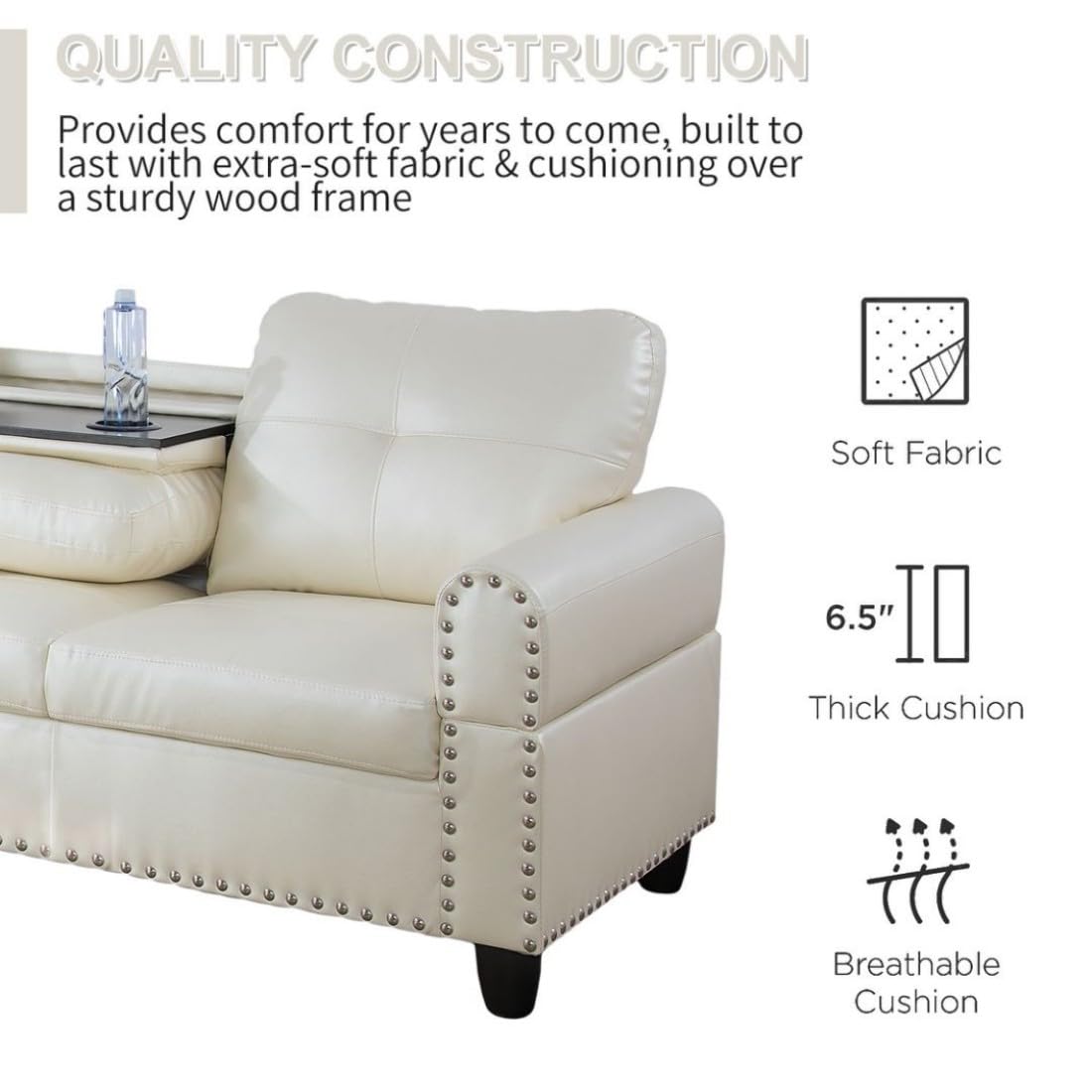 UOCFYK L-Shaped 3-Piece Faux Leather Sofa with Ottoman, Sectional Couch Set for Living Room, Office, Apartment, with Cup Holder, White