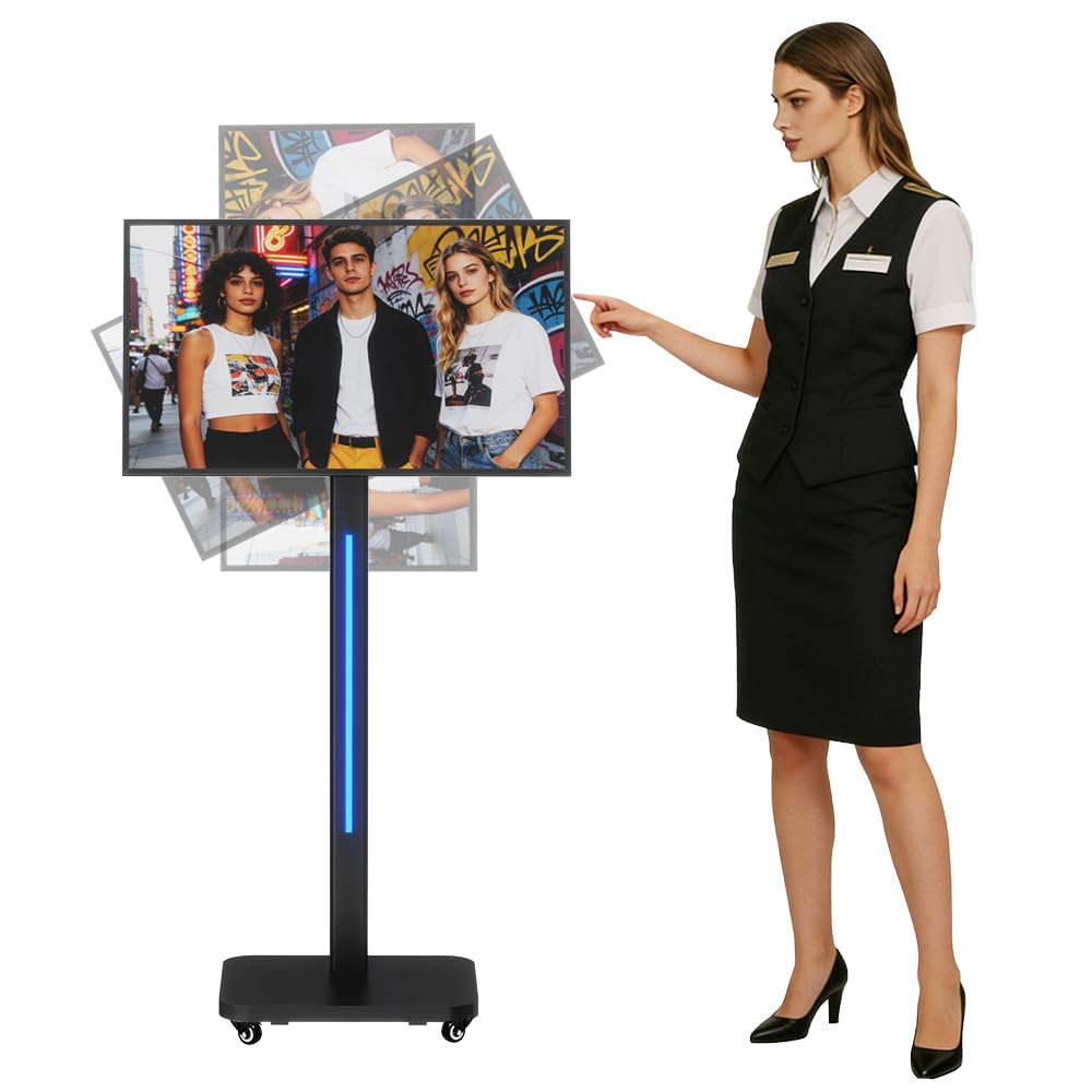 JASZDOT 32 Inch Digital Signage Display on Wheels, Portable LCD Touch Digital Kiosk with Adjustable Rolling Stand, Phone App Control Android 14 Advertising Display Poster, Auto Media Player, HDMI/USB