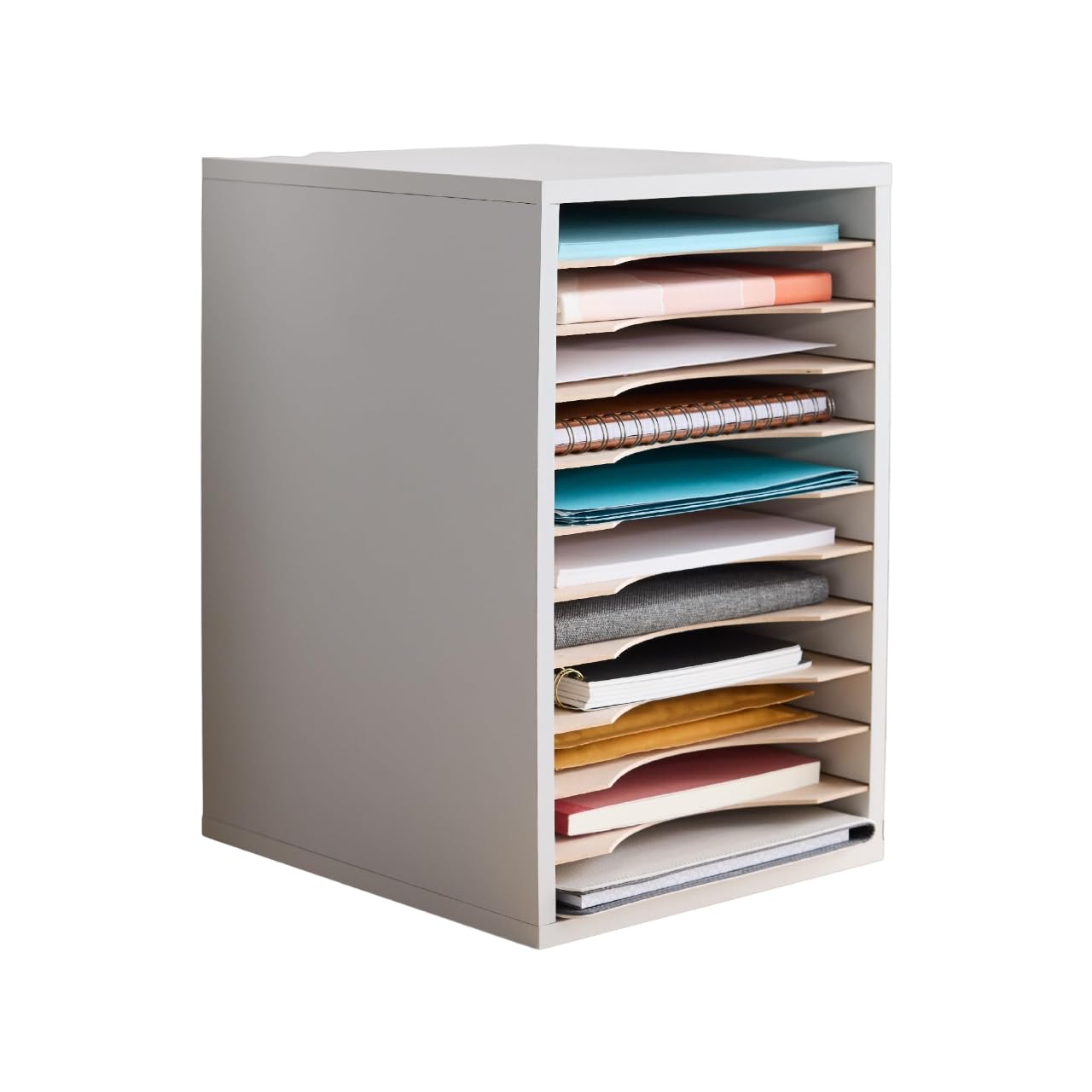 Safco Vertical Literature Organizer, 11 Compartments, Office and Classroom Mailbox with Adjustable Shelves, Wood Paper and Mail Sorter, Modern Gray