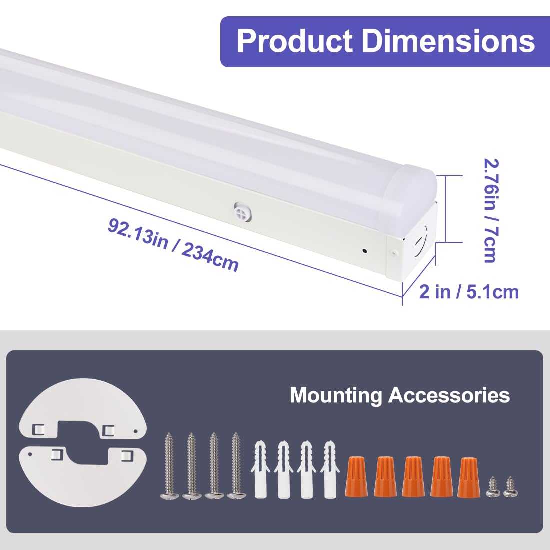 Bekada 8FT LED Linear Light Fixtures, 90/70/60W & 3500/4000/5000K CCT Adjustable, 8’ Linear Shop Lights for Workshop, Office, Garage, 0-10V Dimmable, 8Feet LED Strip Lights, 4Pack