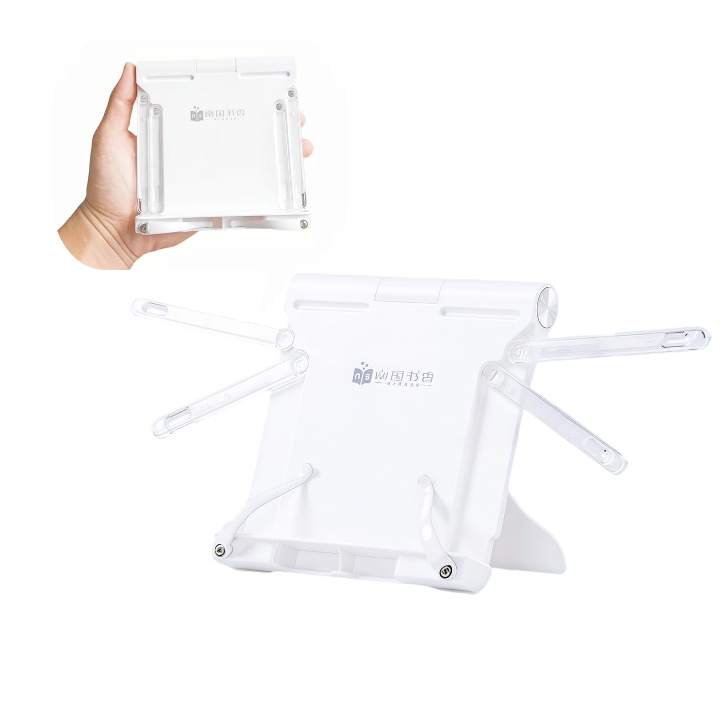 Travel Mini Book Holders for Reading Hands Free - Portable and Adjustable Book Stand for Reading, Two-in-one (Ideal for Light Books & Tablets – Not for Heavy Hardcovers | White)