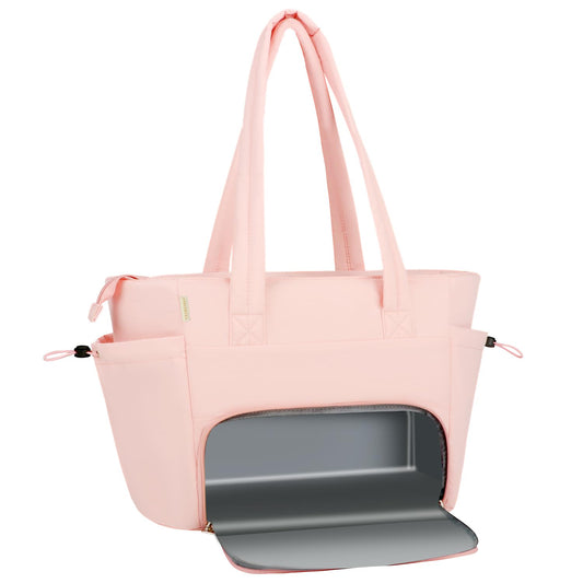 Veirdro Work Laptop Tote Bag for Women with Insulated Lunch Compartment, Lightweight Puffy Lunch Tote Bag with 15.6 Inch Laptop Compartment, Quilted Laptop Bags for Office Commuter Teacher Nurse Pink