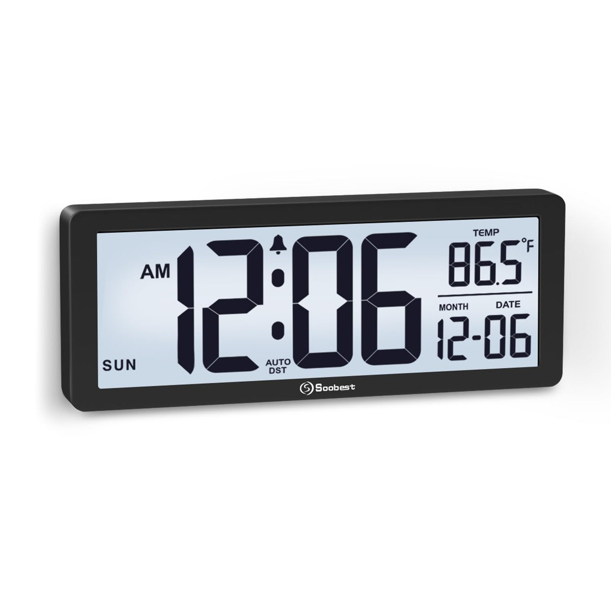 Soobest 8.5 Inch Digital Wall Clock Battery Operated with Backlight, Temperature, Date, Day & Auto DST, Black Slim Design for Elderly, Bedroom, Living Room, Office