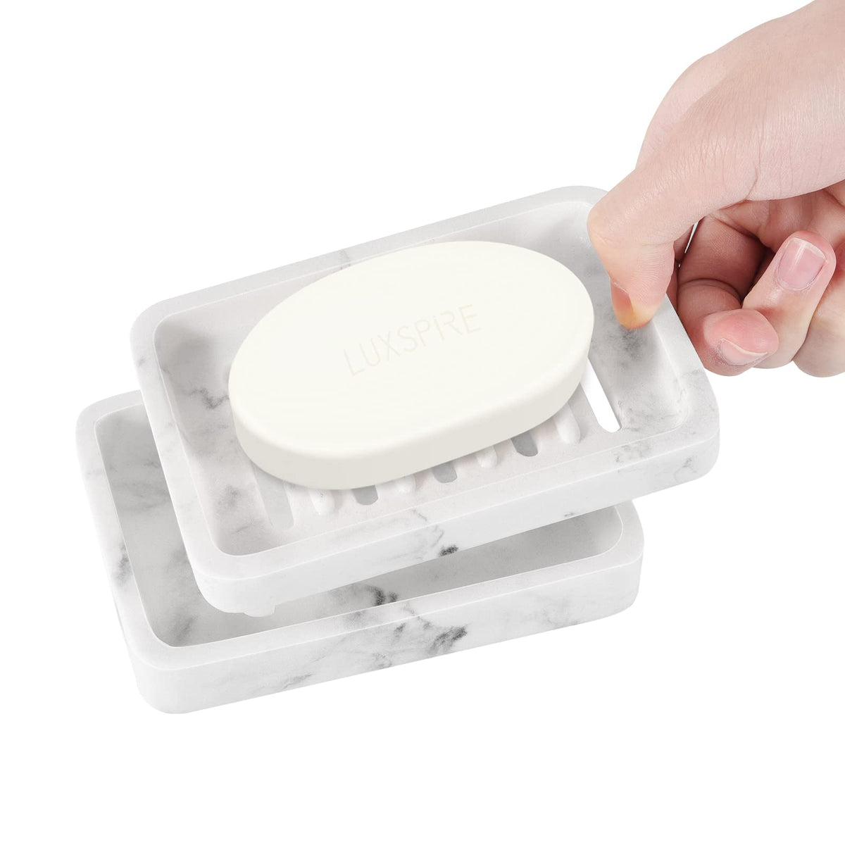 Luxspire Soap Dish Tray, Double Layer Draining Sponge Holder, Detachable Container Box for Bathroom Shower, Kitchen Sink Dish - White Marble