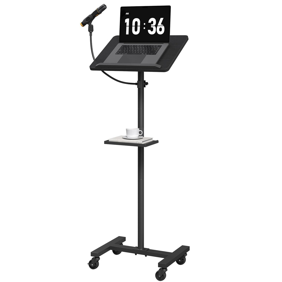 MAHANCRIS Podium Stand with Microphone Stand, Standing Desk and Laptop Desk with Storage Tray, 28.9-42.7 Inch Adjustable Height Portable Lectern for Classroom, Conference Room, Black LPBK4001