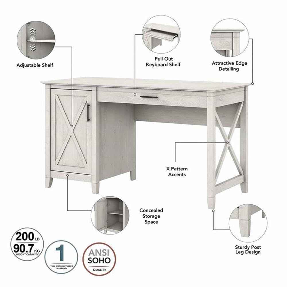 Bush Furniture Key West 54W Computer Desk with 2 Drawer Lateral File Cabinet and 5 Shelf Bookcase in Linen White Oak