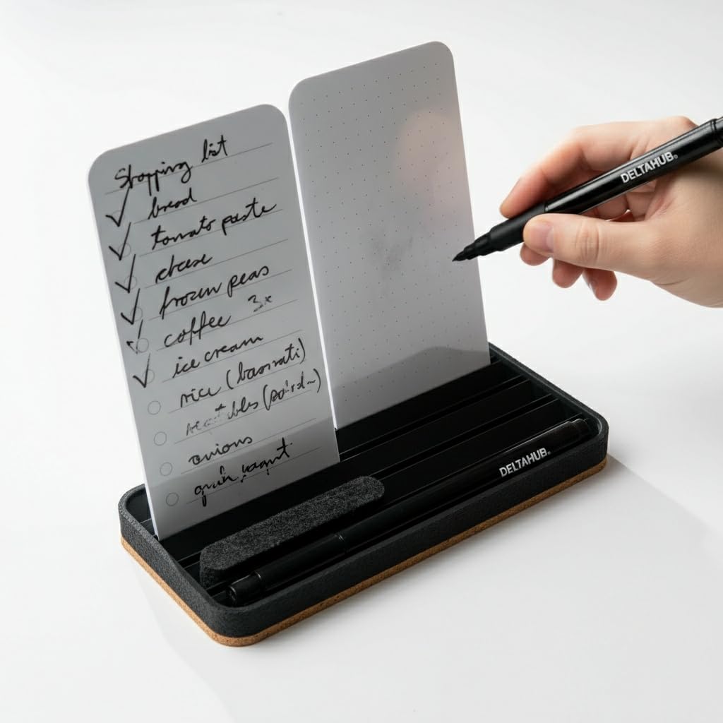 DeltaHub Reusable To-Do List for Desk - Dry Erase Daily Planner with 2 Cards, Marker & Eraser - Minimalist Desktop Organizer for Office, Work from Home - Analog Productivity Tool (Black)
