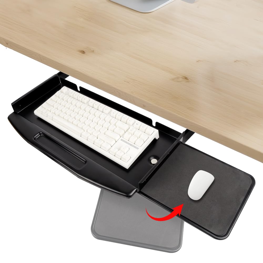 Lumclaw Under Desk Mounted Keyboard Tray Steel Keyboard Tray Under Desk Slide with Rotational Mouse Platform Office