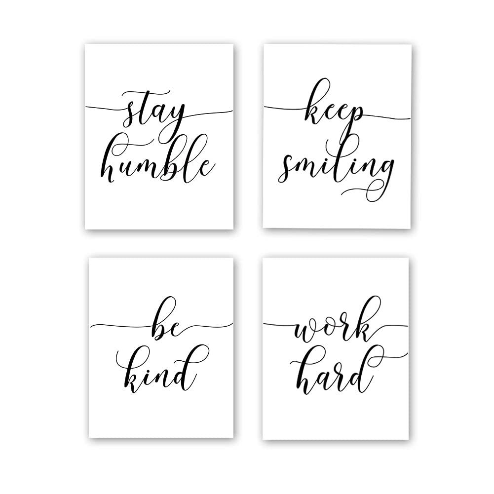 HPNIUB Unframed Inspirational Quote Art Painting,Work Hard,Be Kind,Stay Humble,Keep Smiling Art Print Set of 4 (8”X10” Motivational Phrases Wall Art for Office or Living Room Home Wall Decor