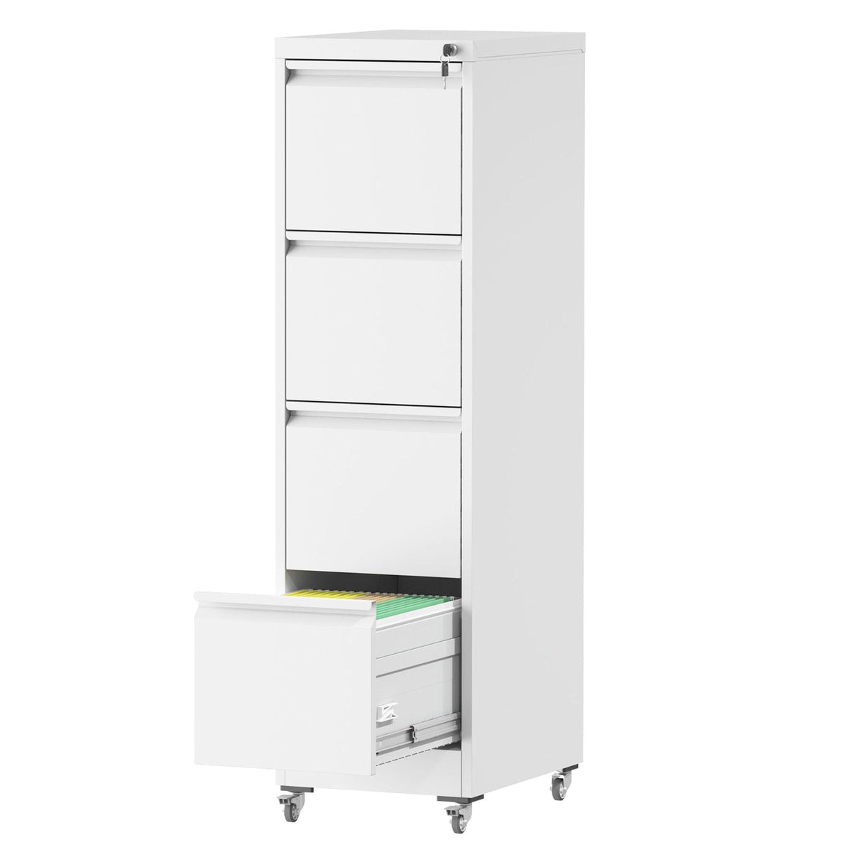 FOSTOKO File Cabinet with Lock, 4 Drawers Filing Cabient with Wheel, Steel Vertical Filing Storage Cabinet for Home Office, Heavy-Duty File Cabinets for Letters/Legal/A4 (Require Assembly, White)