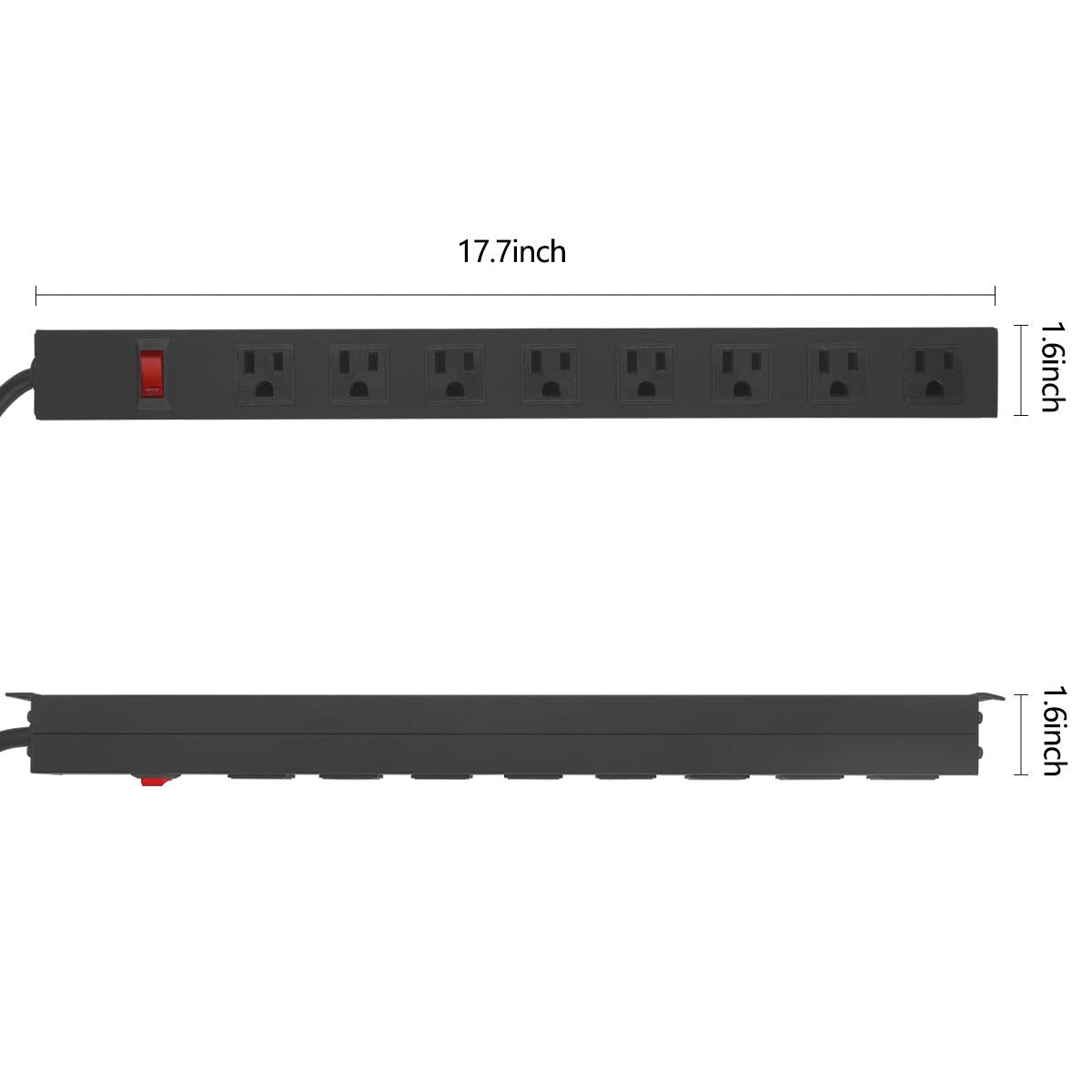 HHSOET Metal 8 Outlet Mountable Power Strip, Wall Mount Outlet Heavy Duty, Wide Spaced Commercial Shop Power Strip with Switch, 15A 125V 1875W, 6 FT SJT 14AWG Power Cord.(Black)