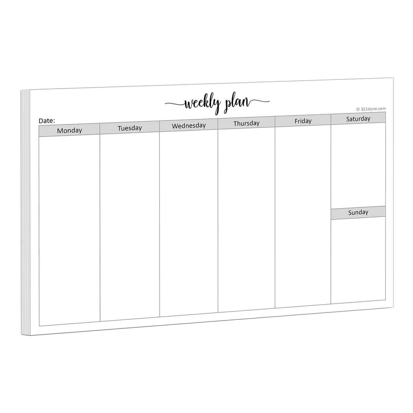 321Done Weekly Planning Notepad Landscape - 50 Sheets (8.5" x 5.5") - Horizontal Weekly Days of Week Paper Note Pad, Planner Organizing - Made in USA - Simple Script