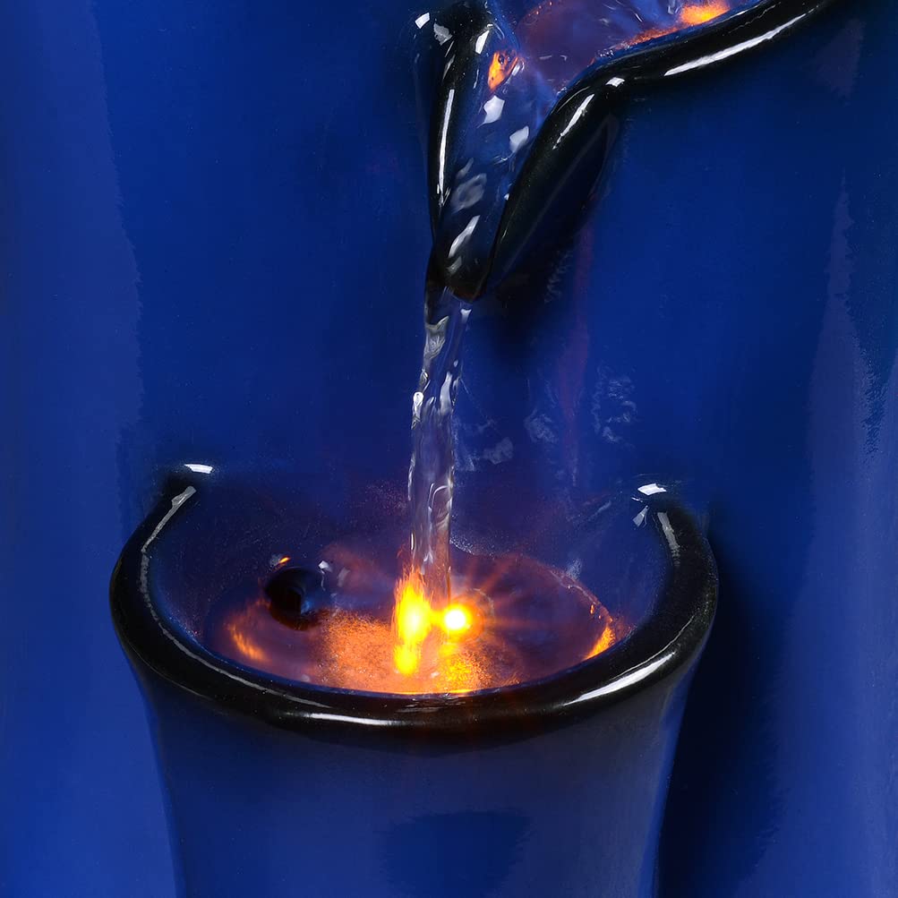 Indoor Water Fountain Imitation Ceramics Appearance Tabletop Relaxation Desktop Waterfall w/ 3 Reflective led, 9.8 Inch Tall (Blue)