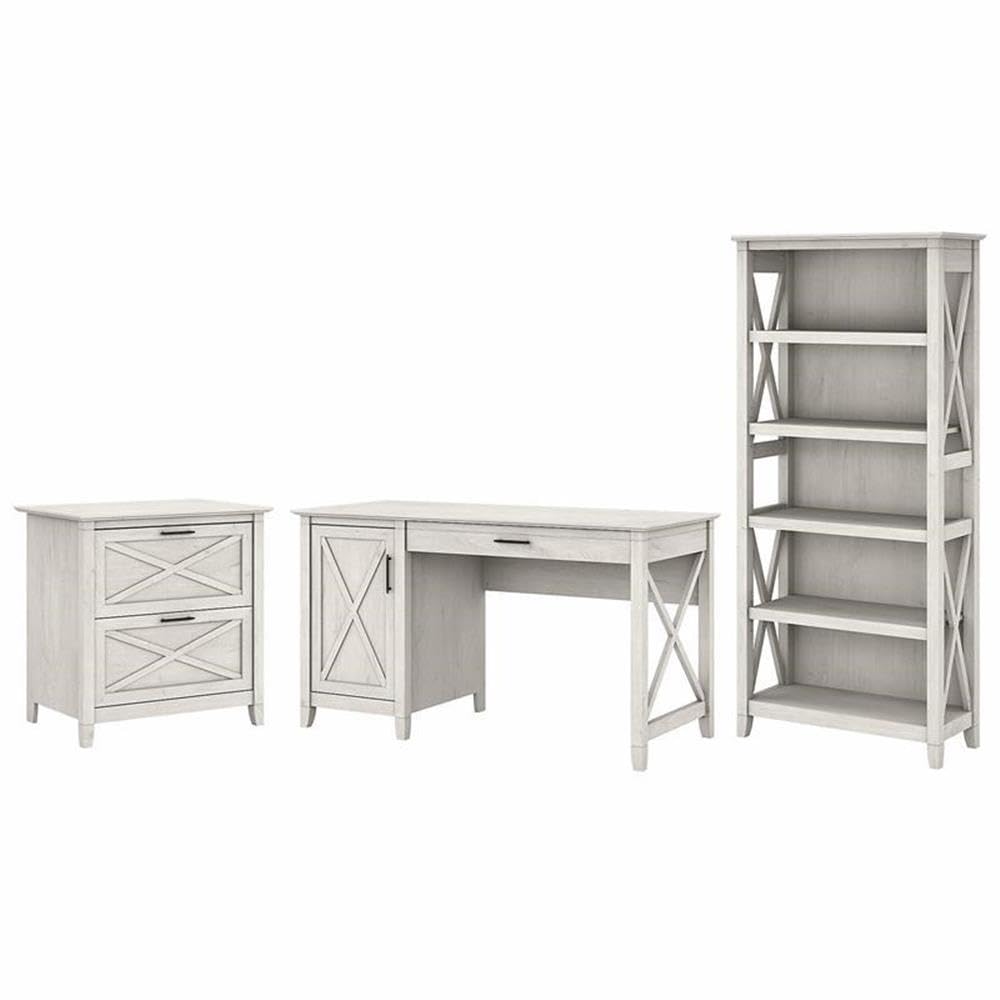 Bush Furniture Key West 54W Computer Desk with 2 Drawer Lateral File Cabinet and 5 Shelf Bookcase in Linen White Oak