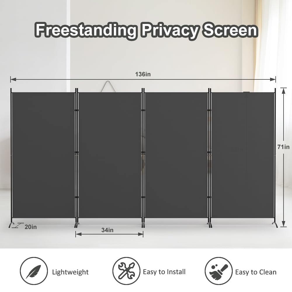 Kokorona 4 Panel Room Divider, 6FT Tall Folding Privacy Screen Wall Dividers, Portable Privacy Screen Freestanding Room Divider for Room Separation, Included - Cover Strips, Grey, 136''W x 71''H