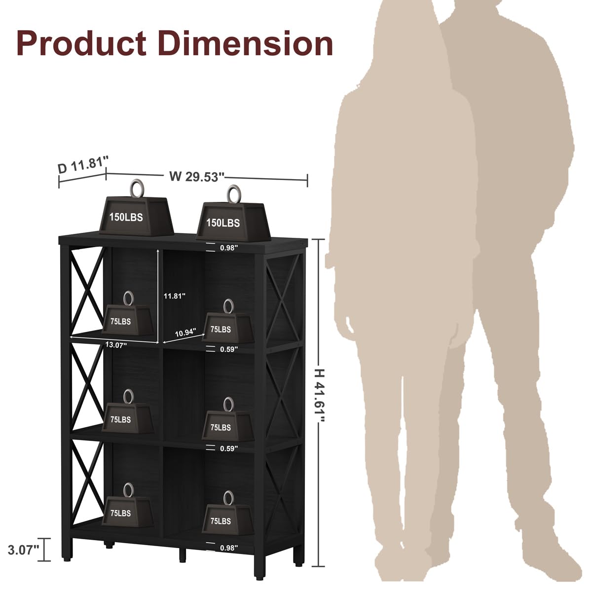 FATORRI 6 Cube Storage Organizer with Storage, Modern 4-Tier Bookshelf with X-Shaped Metal Frame, Black Wood Bookcase for Living Room, Home Office, Bedroom, Easy Assembly