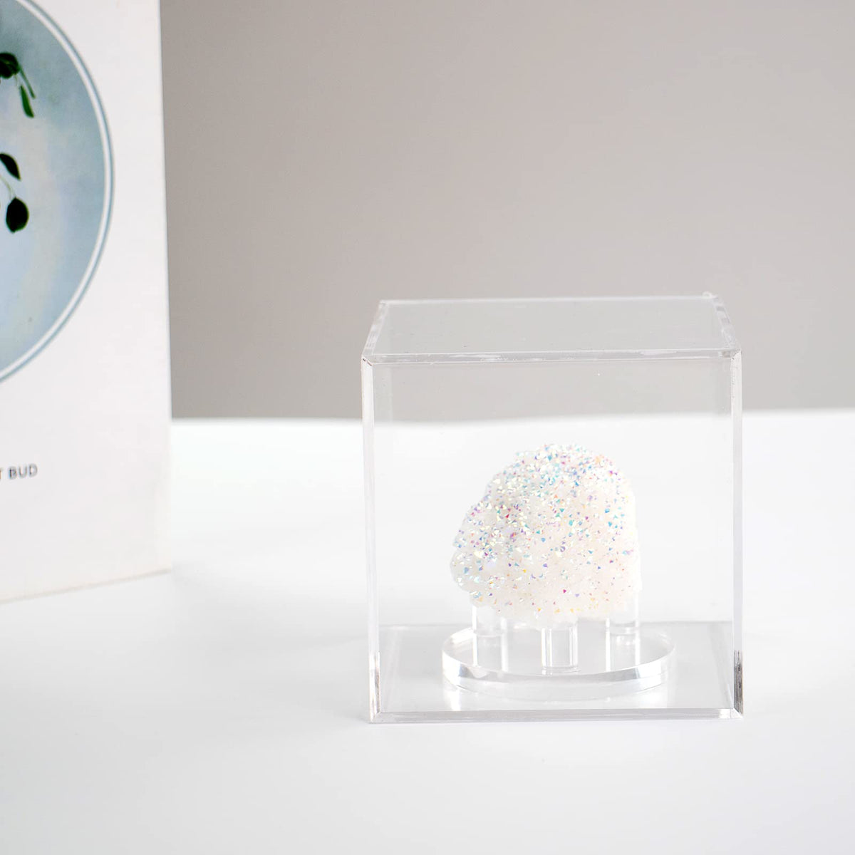 Kcgani 3 Pegs Round Display Easel Stands with Transparent Acrylic Box, Multiple Decoration Storage Case, Small Items Stands for Displaying Collectible Stone Rock Mineral Geodes (Medium-4x4x4in, 1Pcs)
