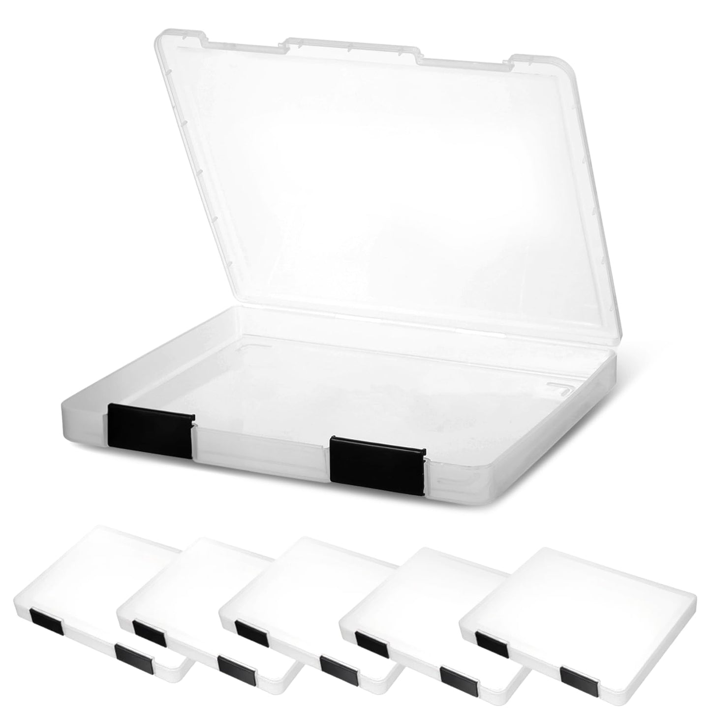 Lemecima 6 Pcs Clear A4 File Box Document Plastic Storage Box Paper Plastic Case Board Game Storage Containers Magazine Protector File Holder with Buckle (Black,12.4 x 9.84 x 1.18 Inches)
