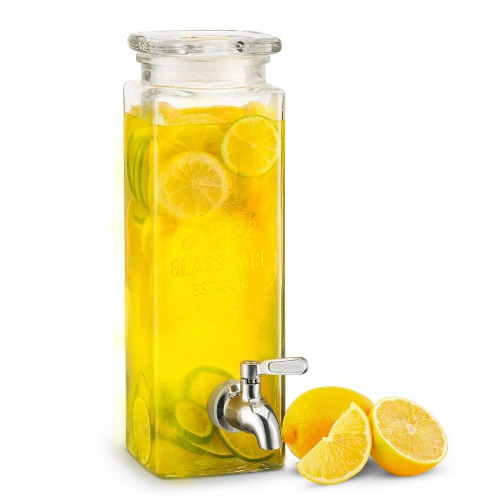 Kook Drink Dispenser, 80 oz, Water Dispenser Countertop, Glass Drink Dispenser, Beverage dispenser, with Leak-Proof Spigot, Clear Rectangular Jar, Storage for Party, Fridge, for Water, Iced Tea