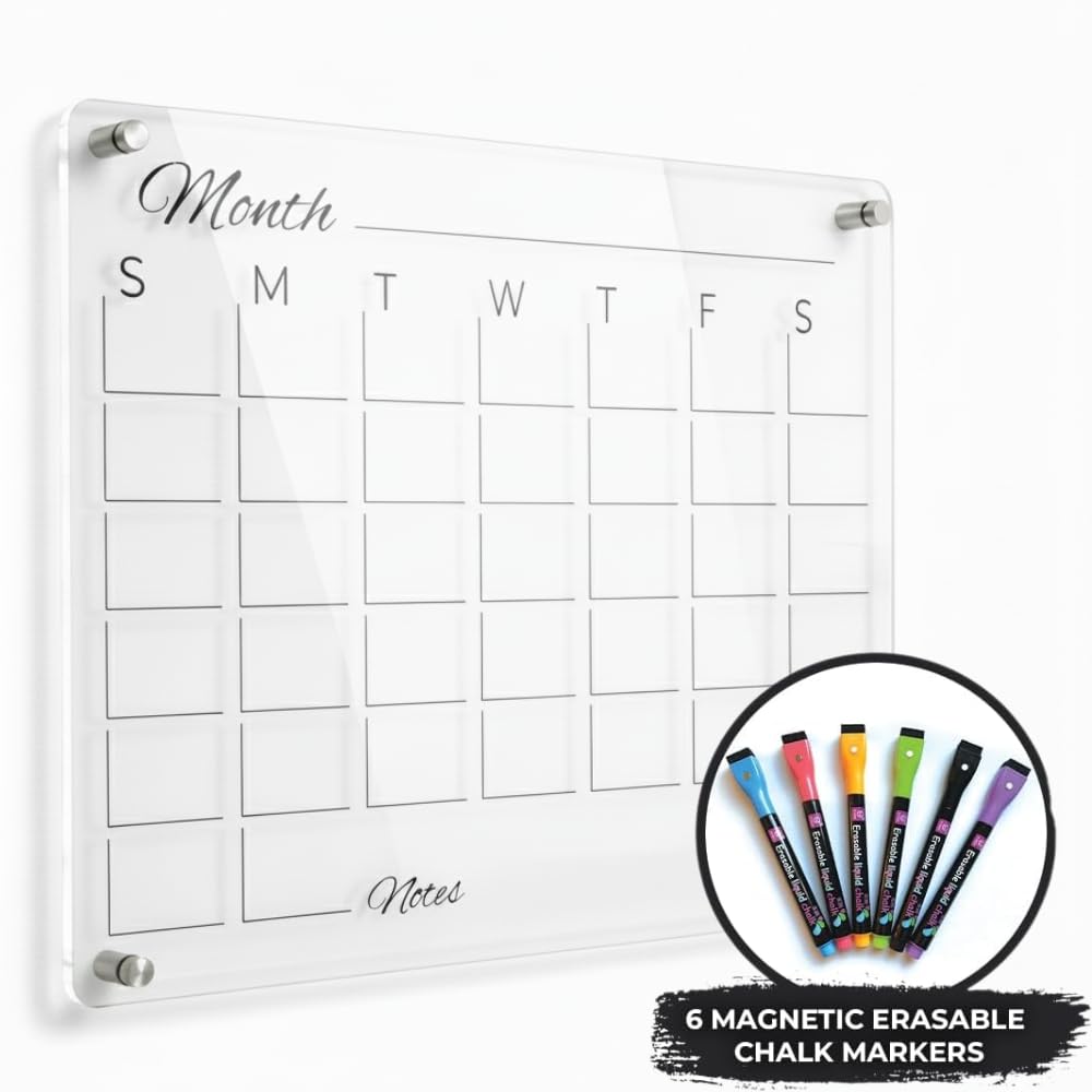 Premium Acrylic Calendar for Wall (16.75” x 13.25”) Clear Calendar & Family Reusable Planner with Vibrant Markers, Acrylic Dry Erase Board for Wall, Home, Office, or Family Command Center
