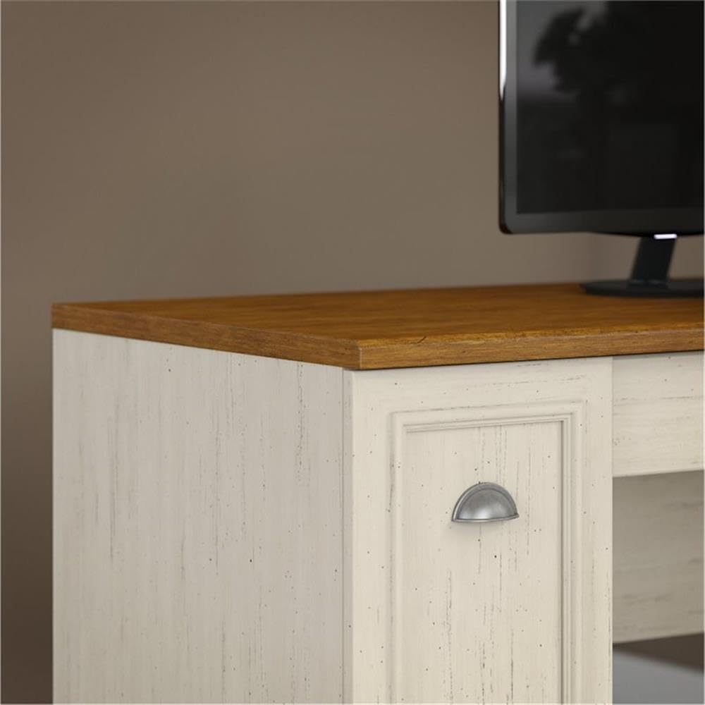 Bush Home Fairview 60W L Shaped Desk with Hutch, File Cabinet, Bookcase and Storage in Antique White and Tea Maple