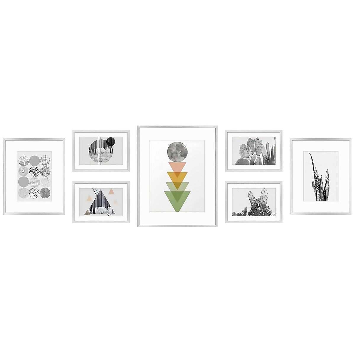 Golden State Art, Aluminum Gallery Wall Frame Set of 7 - Includes One 11x14, Two 8x10, and Four 5x7 - Metal Frames with Mat & Real Glass Cover for Elegant Home or Office Decor (Style 2, Silver)