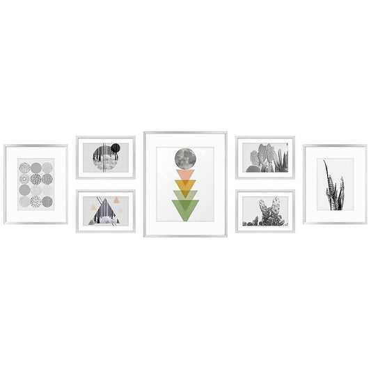 Golden State Art, Aluminum Gallery Wall Frame Set of 7 - Includes One 11x14, Two 8x10, and Four 5x7 - Metal Frames with Mat & Real Glass Cover for Elegant Home or Office Decor (Style 2, Silver)