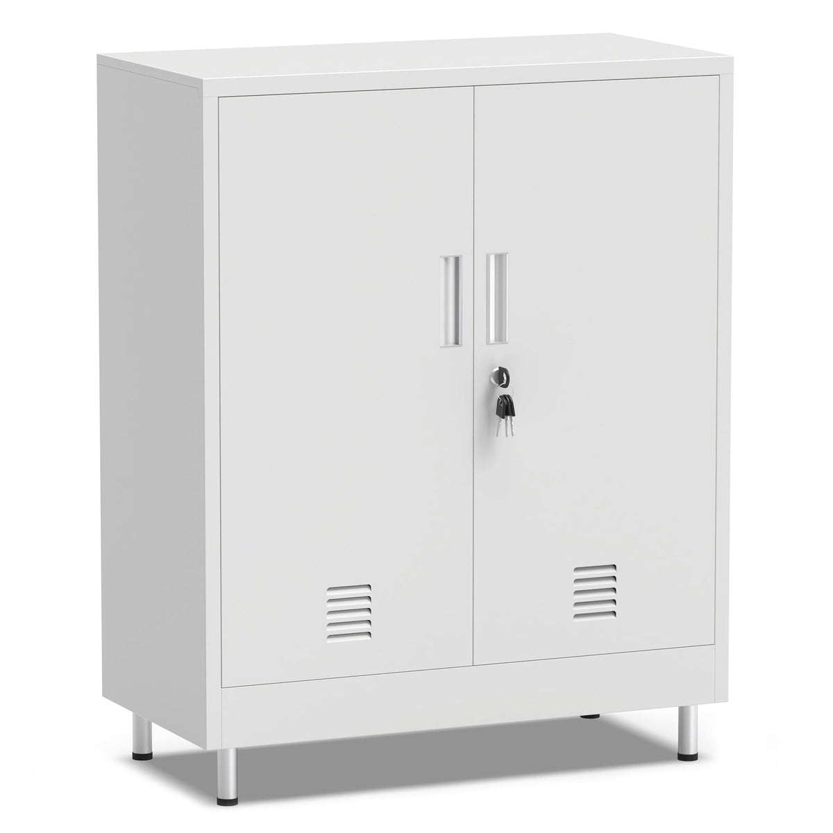 JINGUR Metal Storage Cabinet with Locking Doors and 2 Adjustable Shelves, Lockable Storage Cabinet for Home Office Garage Pantry Living Room (White)