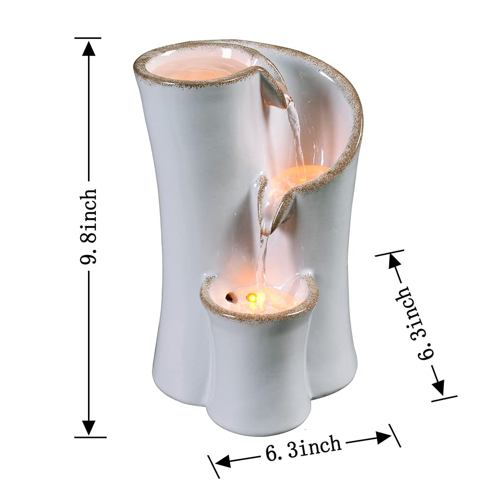 Haobos Indoor Water Fountain Imitation Ceramics Appearance Tabletop Fountain Relaxation Desktop Waterfall w/ 3 Reflective led, 9.8 Inch Tall Fountain (Grey)