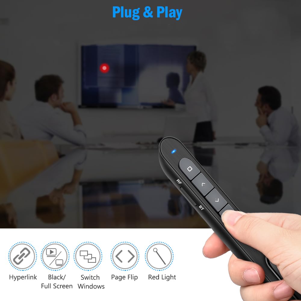 Dinofire Wireless Presenter, 2.4GHz RF + Bluetooth Presentation Clicker, USB-A Receiver Slide Advancer for PowerPoint, Works with Mac/Windows/Laptops for Office Meetings & Classroom Teaching