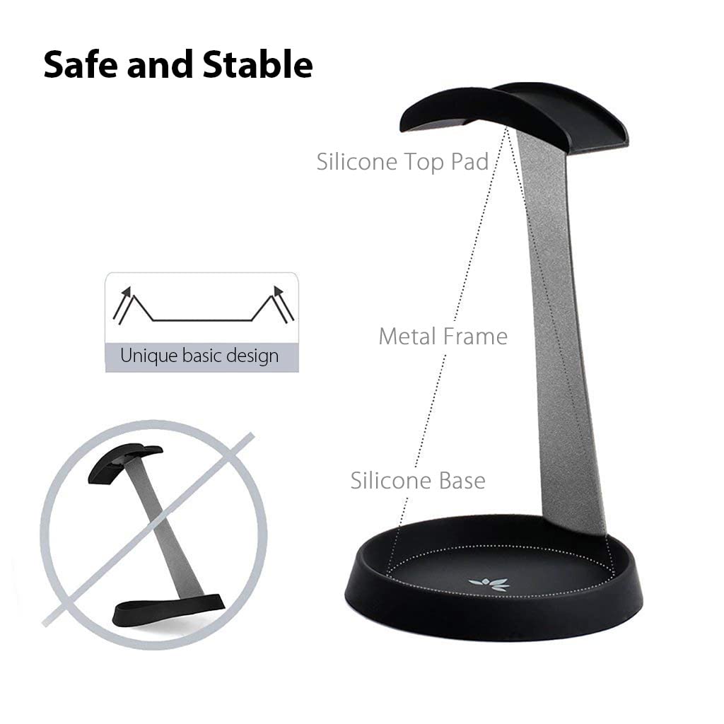 Avantree HS102 - Metal & Silicone Headphone Stand Hanger with Cable Holder, Black Desk Earphone Mount Rack, Fancy Music Studio Accessories