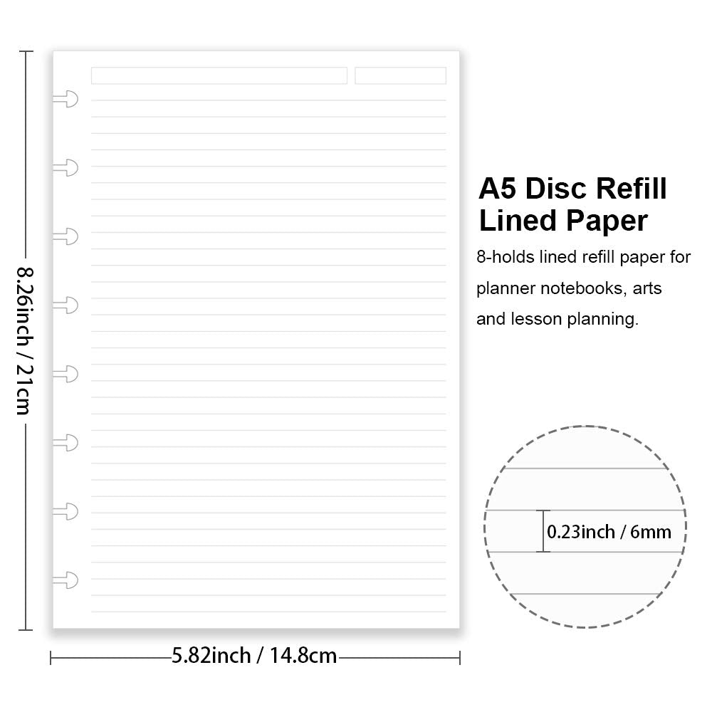Junior Size Discbound Refill Paper - 8 Discs Discbound Paper, Lined Arc Paper Refill, 100gsm, Disc Paper Refill White Paper, 300 Sheets/600 Pages, 5.8 X 8.25 in